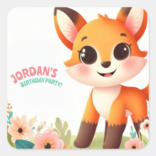 Children’s Cute Little Fox Birthday Party Square Sticker