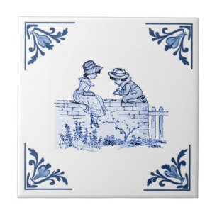Children Sit on Fence Delft Corner Blue and White Tile