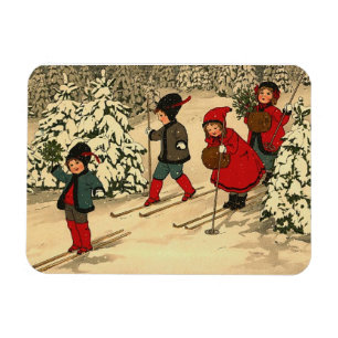Children skiing, a vintage winter scene magnet