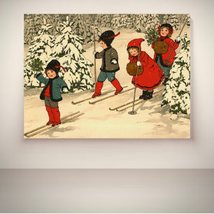 Children skiing, a vintage winter scene poster