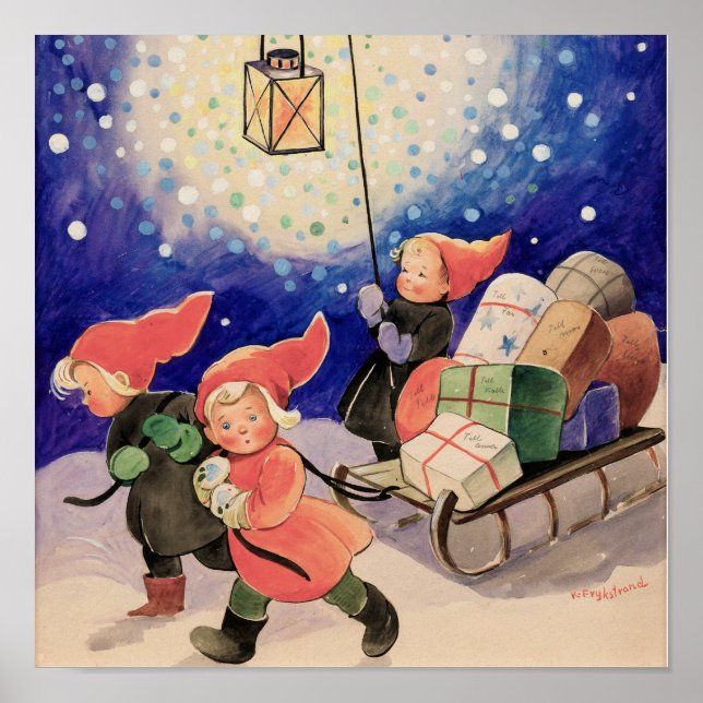 Children, sled, lantern and Christmas gifts Poster (Front)