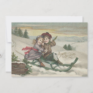 Children Sledding Christmas Tree Snow Winter Invitation