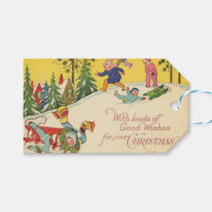 Children sledding down snowy hill - vintage look  gift tags