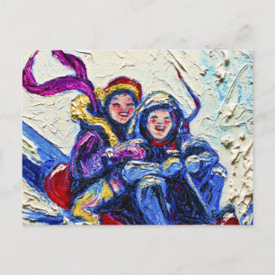 Children Sledding Painting Postcard