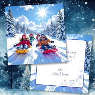 Children Sledding Winter Personalised Christmas Card
