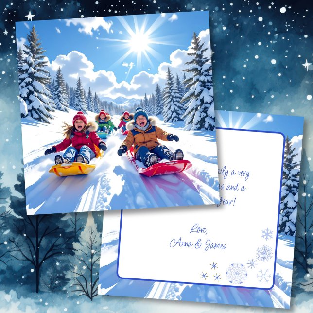 Children Sledding Winter Personalised Christmas Card (Creator Uploaded)