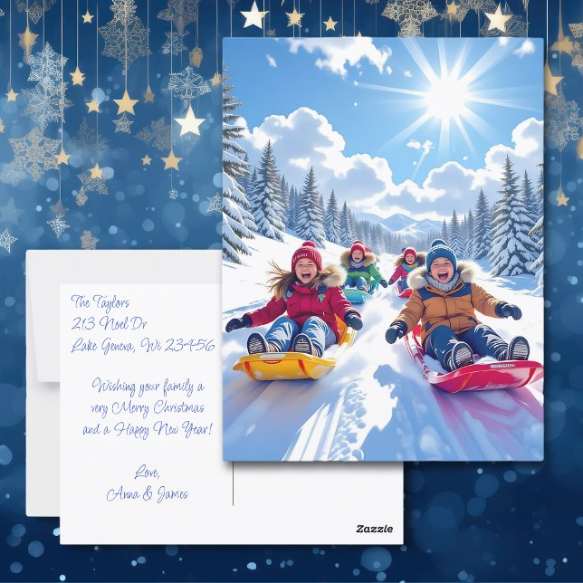 Children Sledding Winter Personalised Christmas Postcard (Creator Uploaded)