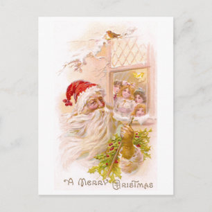 Children Spy Santa Outside Vintage Christmas Holiday Postcard