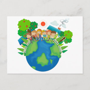 Children standing around the world postcard