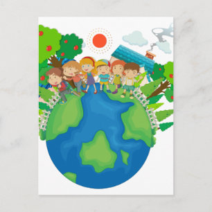 Children standing around the world postcard