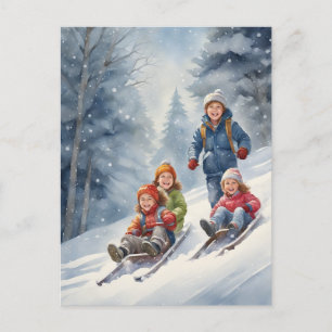 Children Toboggan Winter Scene Postcard
