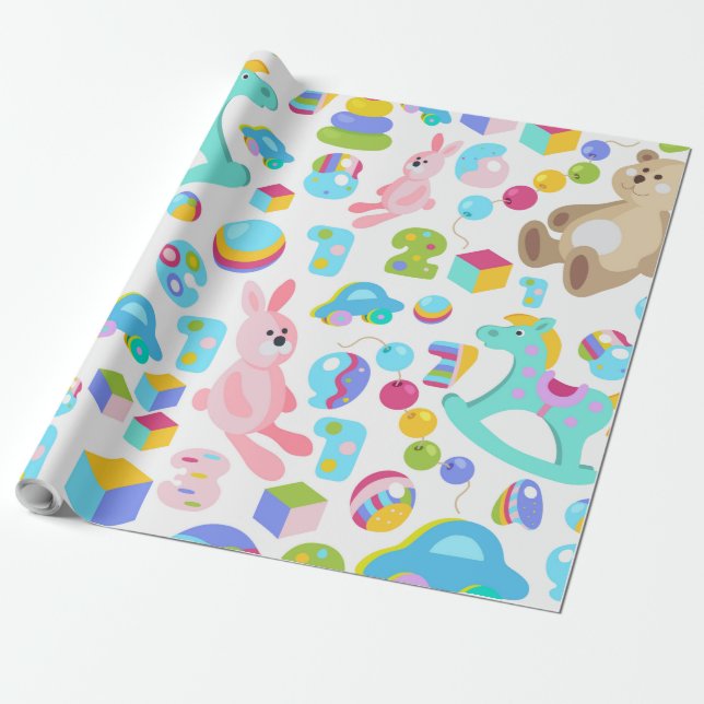Children Toy Pattern With Teddy Bear Wrapping Paper (Unrolled)