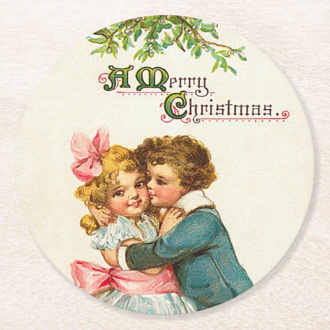 Children Under Mistletoe Christmas Round Paper Coaster (Front)