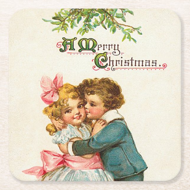 Children Under Mistletoe Christmas Square Paper Coaster (Front)