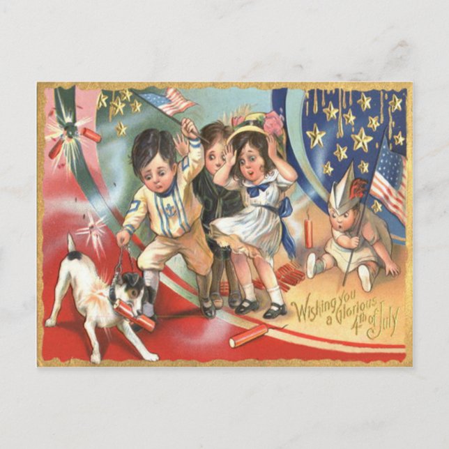 Children US Flag Dog Fireworks Firecracker Postcard (Front)