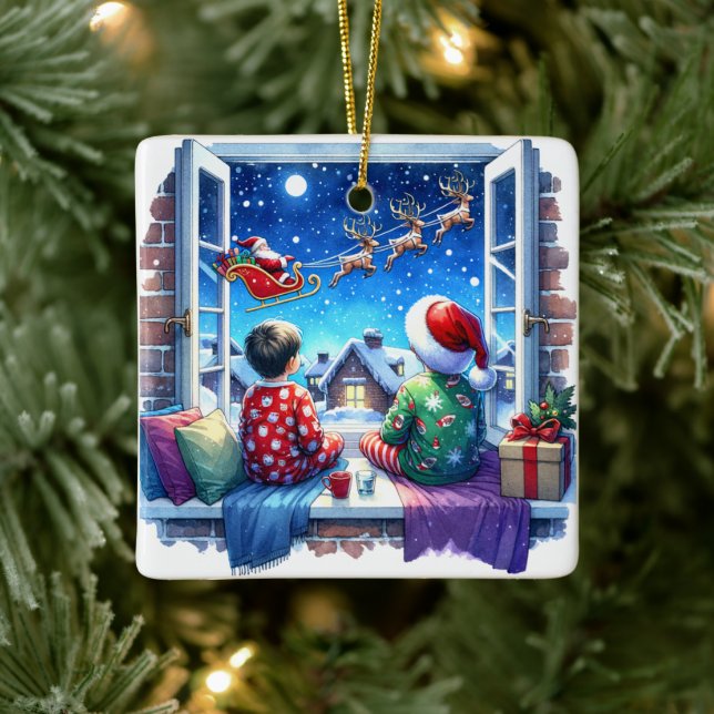 Children Watching Santa's Sleigh Christmas Eve Ceramic Ornament (Tree)