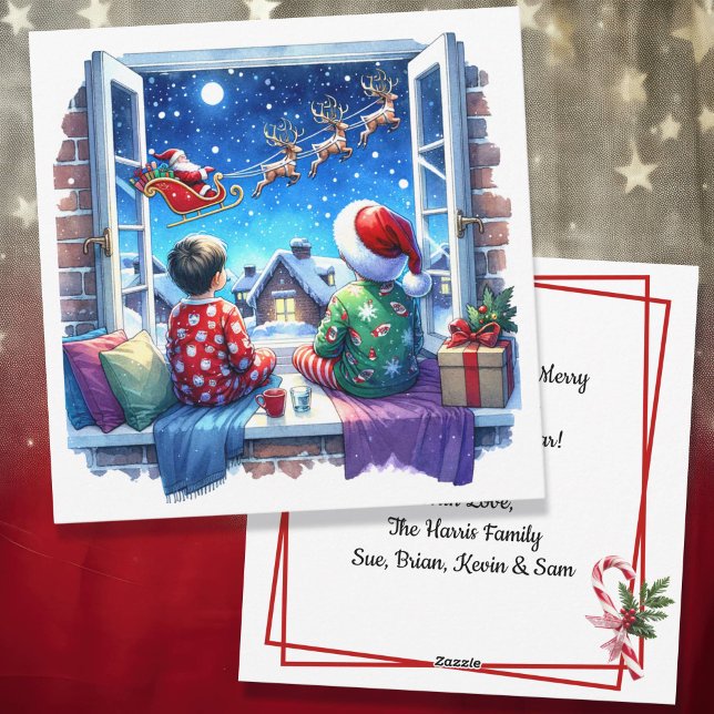Children Watching Santa's Sleigh Christmas Eve Holiday Card (Creator Uploaded)
