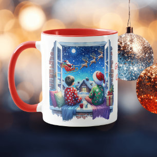 Children Watching Santa's Sleigh Personalised Mug