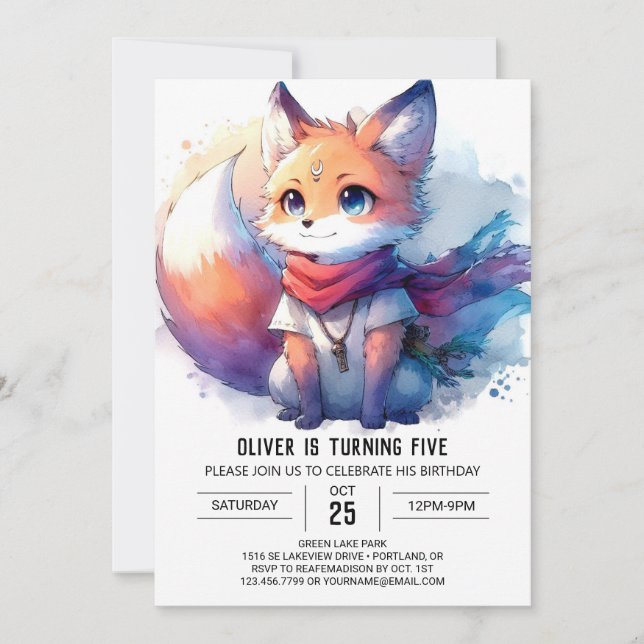 Children Whimsical Fox Birthday Invitation (Front)