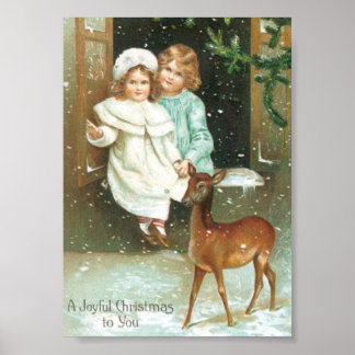 Children with a deer on Christmas Poster