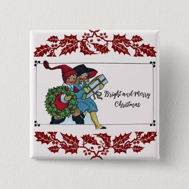 CHILDREN WITH CHRISTMAS GIFTS AND RED FLORAL 15 CM SQUARE BADGE (Front)