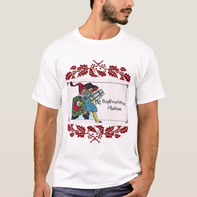CHILDREN WITH CHRISTMAS GIFTS AND RED FLORAL T-Shirt (Front)