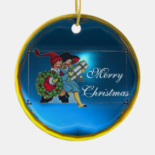 CHILDREN WITH CHRISTMAS GIFTS CERAMIC TREE DECORATION