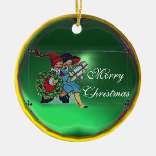 CHILDREN WITH CHRISTMAS GIFTS CERAMIC TREE DECORATION