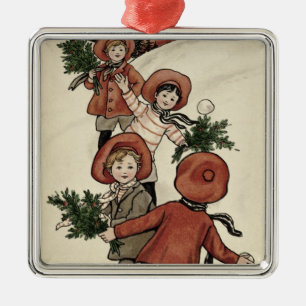 Children with Holly Throwing Snowballs Metal Tree Decoration