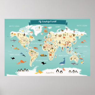 Children World Map with Animals and Landmarks Poster