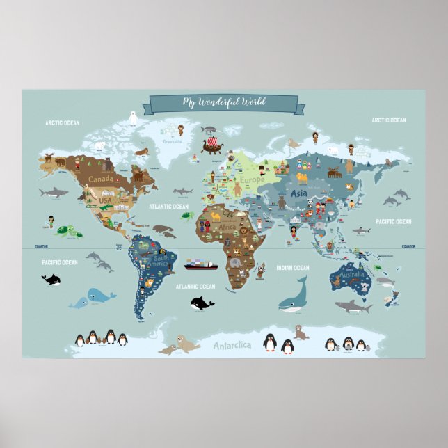 Children World Map with Cute Illustrations Poster (Front)