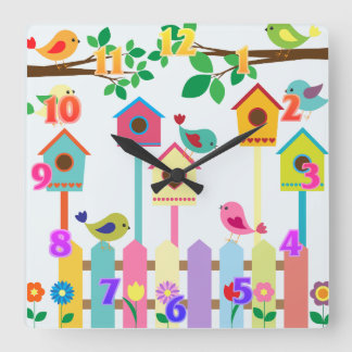 Childrens Birds Birdhouse Scenery Square Wall Clock