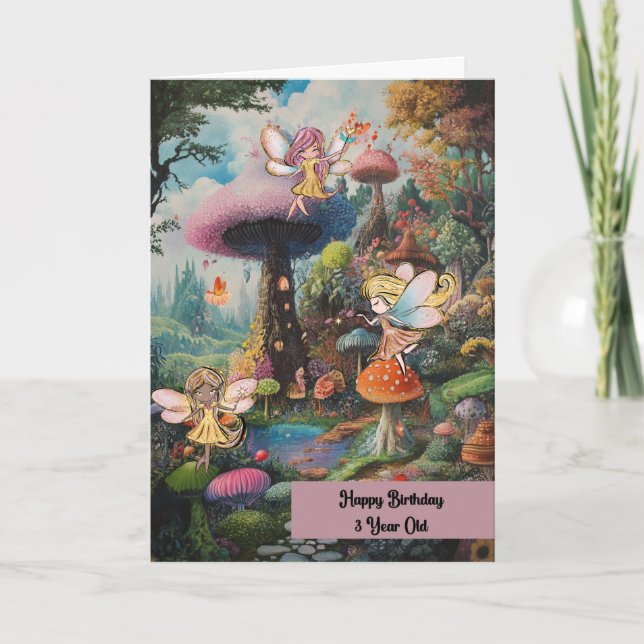 Childrens Birthday Card 3 yr old Girl with Fairies (Front)