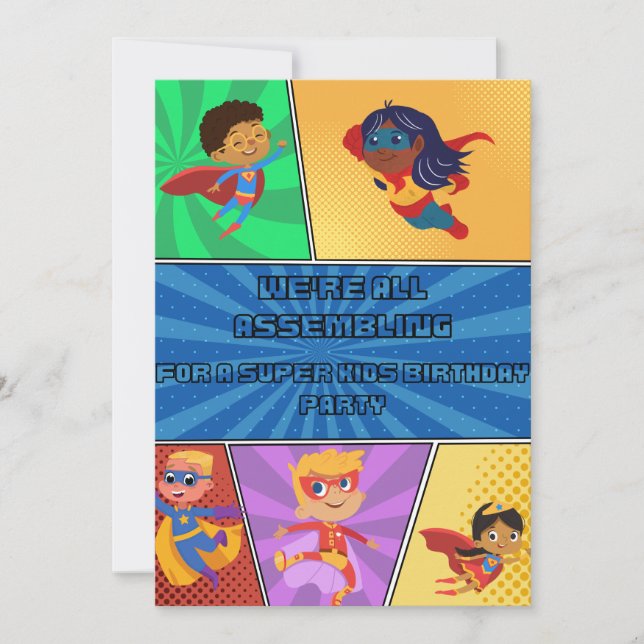 Childrens Birthday Invitation Superheroes Assemble (Front)