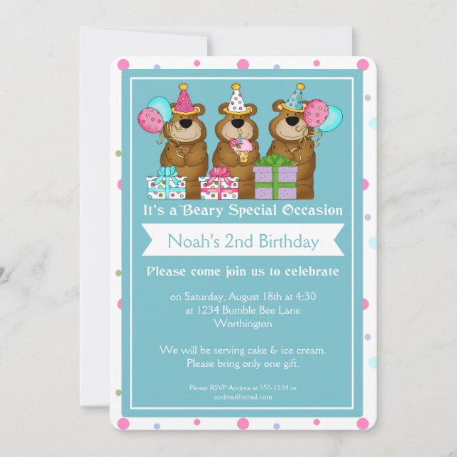 Children's Birthday Party Three Bears Design Invitation (Front)