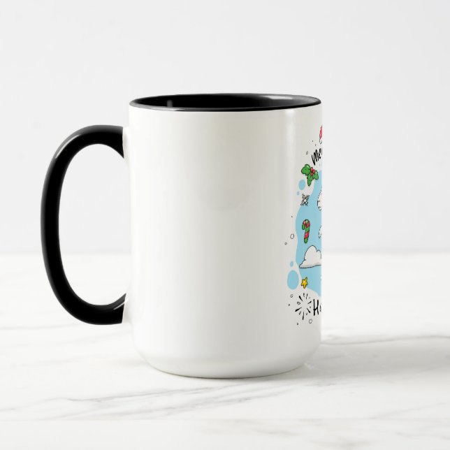 Children's blue unicorn Happy Holidays Mug (Left)