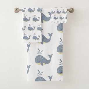 CHILDRENS BLUE WHITE  WHALE BATHROOM TOWEL SET