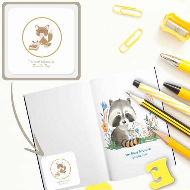 Childrens Book Label Kids Reading (Kids Reading Books Woodland Animal Fox Personalized Bookplate )