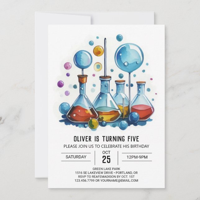 Children's Chemistry Whimsy Scientist Birthday Invitation (Front)
