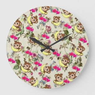Children's Clock, Monkey Bananas Pink Hearts Large Clock