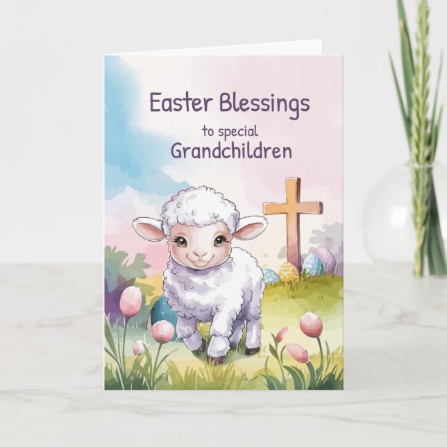 Children's Easter Blessings Christian Lamb Cross Card (Front)