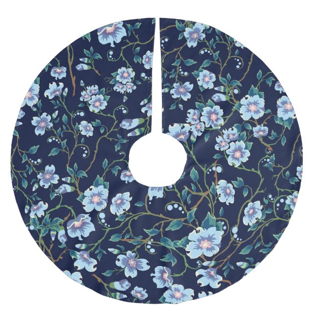 Children's flowers: seamless dark blue brushed polyester tree skirt (Front)