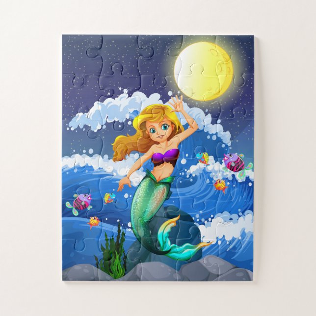 Children's Full Moon Tiny Mermaid Fun Jigsaw Puzzle (Vertical)