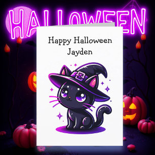Children's Halloween Black Cat Coloring Page Card