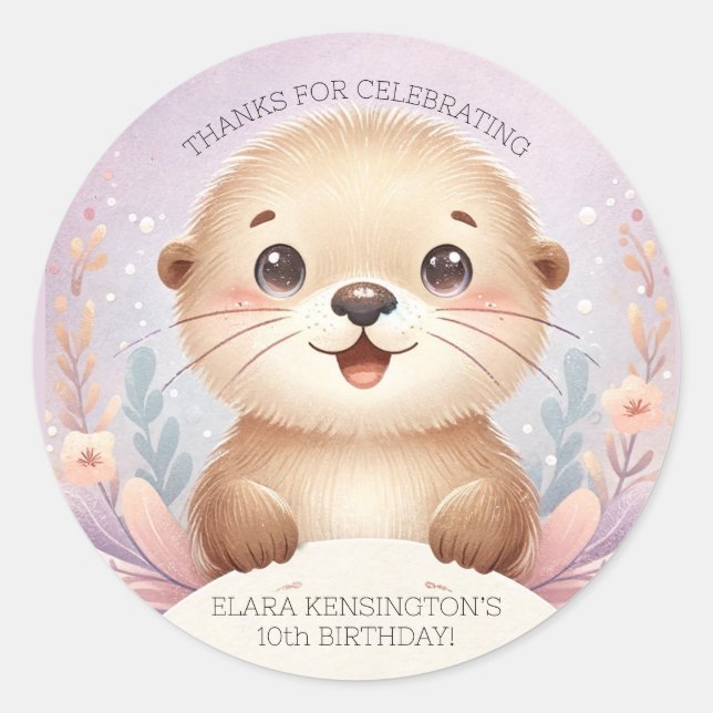 Children's Lilac Sea Otter Cute Birthday Party Classic Round Sticker (Front)