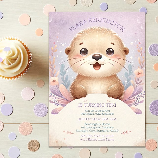  Children's Lilac Sea Otter Cute Birthday Party  Invitation (Children's Lilac Sea Otter Cute Birthday Party Invitation
)