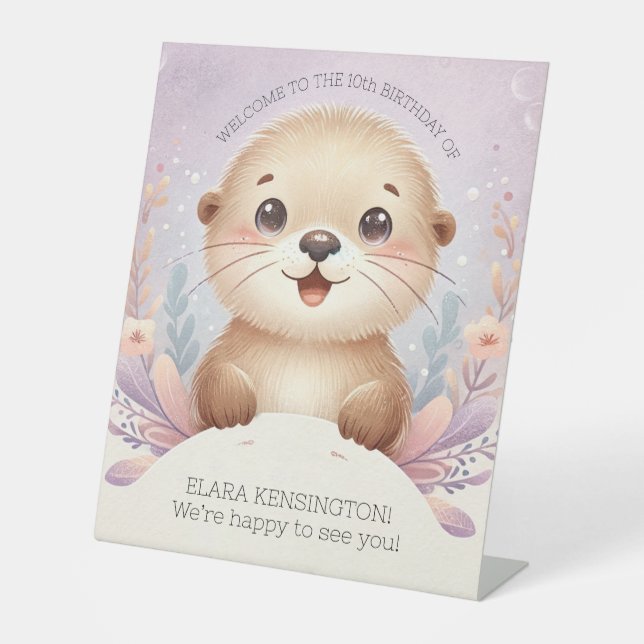 Children's Lilac Sea Otter Cute Birthday Party Pedestal Sign (Front)