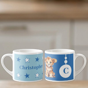 Children's lion mug personalised name blue