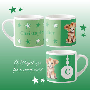 Children's lion mug personalised name green