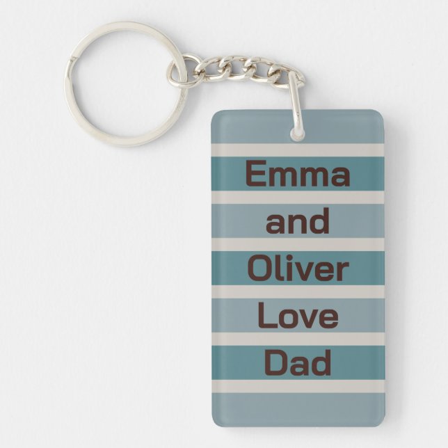 Children's Names Love Dad on Blue Stripes Pattern Key Ring (Front)